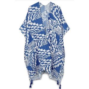 Blue White Geometric Art Boho Kimono Wrap Shawl Cover Up